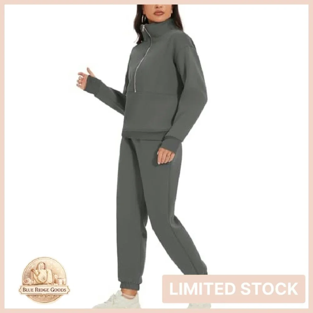 Fleece Half Zip Pullover Lounge Set Oversized Comfy Y2K Chic Sweatsuit - Picture 7 of 8